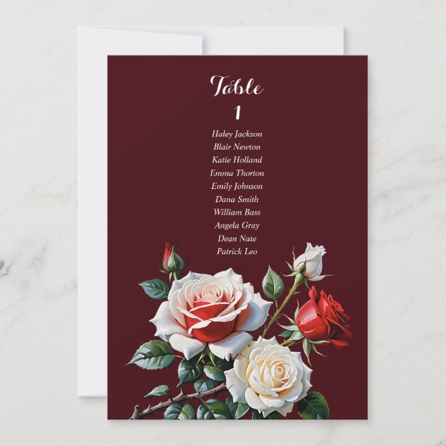 Invitation Dark Pretty pink white red rose seating chart card (Devant)