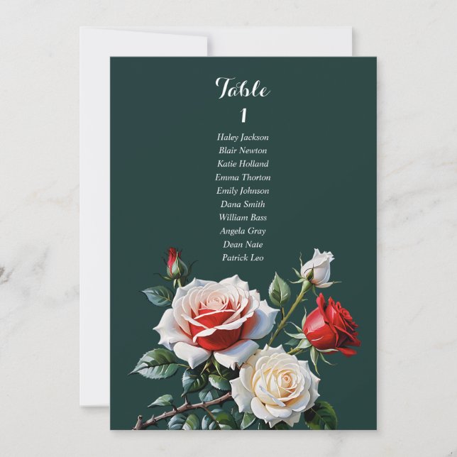 Invitation Dark Pretty pink white red rose seating chart card (Devant)