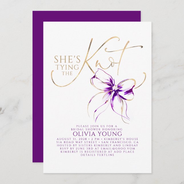 Invitation Dark Purple Bow She's Tying The Knot Bridal Shower (Devant / Derrière)