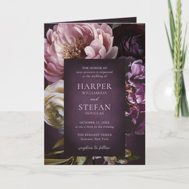 Invitation Dark Purple Fine Art Floral Elegant Wedding (Devant)