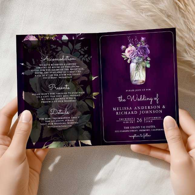 Invitation Dark Purple Floral Mason Jar QR Code Moody Wedding (Créateur téléchargé)