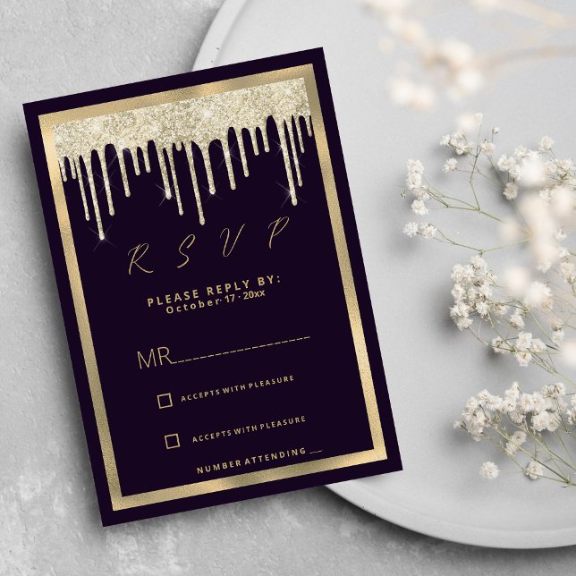 Invitation Dark purple gold luxury glitter drips RSVP (Dark purple gold luxury glitter drips RSVP )
