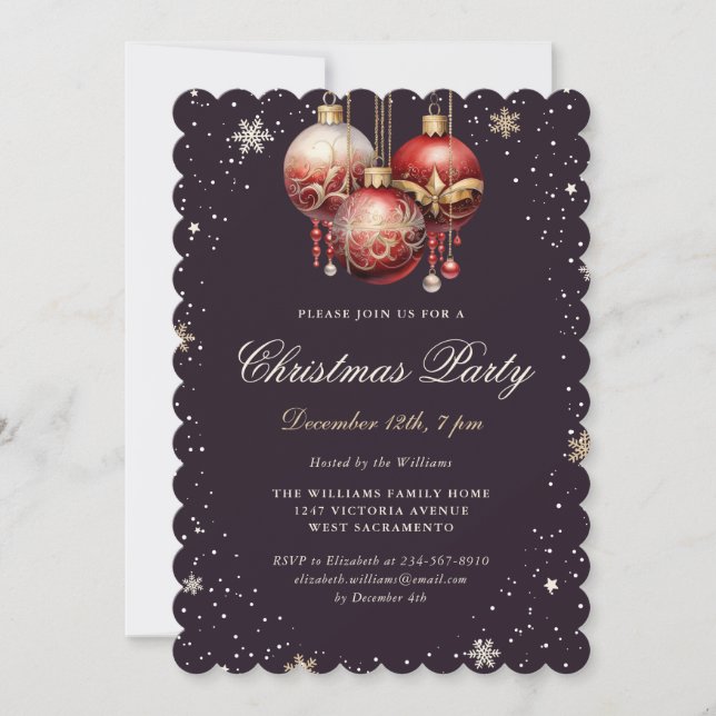 Invitation Dark Purple Gold Red Ornaments Christmas Party (Devant)