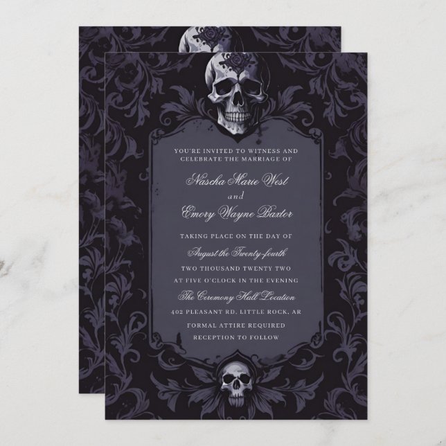 Invitation Dark Purple Gothic Boho Floral Skull Wedding (Devant / Derrière)