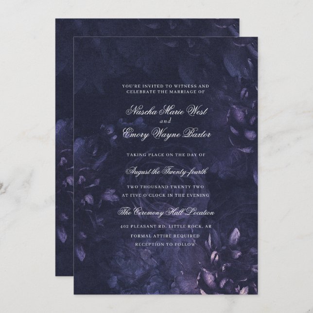 Invitation Dark Purple Gothic Boho Floral Wedding (Devant / Derrière)