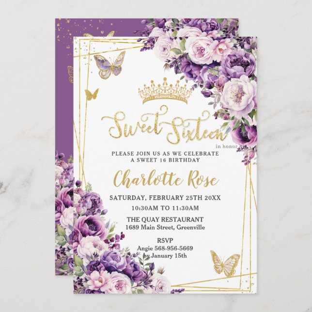 Invitation Dark Purple Lilac Blush Floral Roses Sweet 16 (Devant / Derrière)