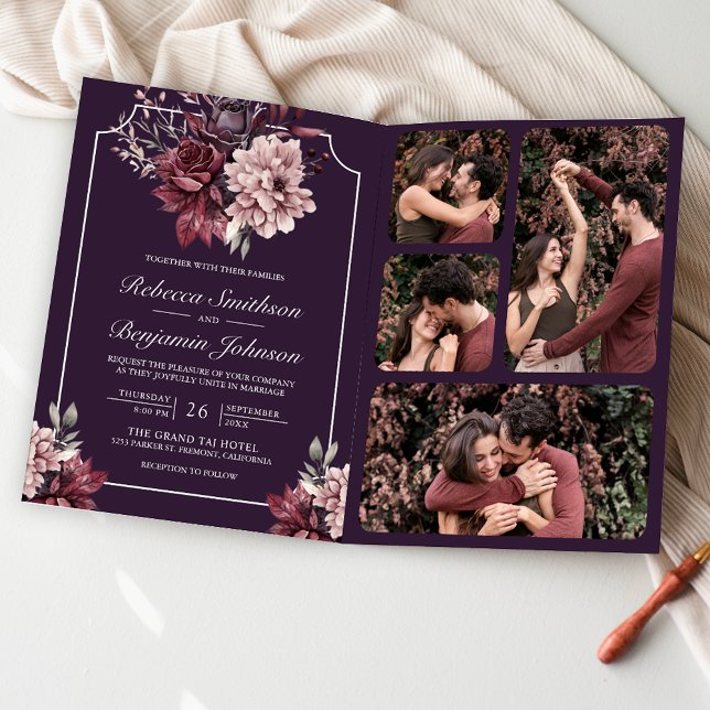 Invitation Dark Purple Moody Floral Frame QR Code Wedding (Créateur téléchargé)
