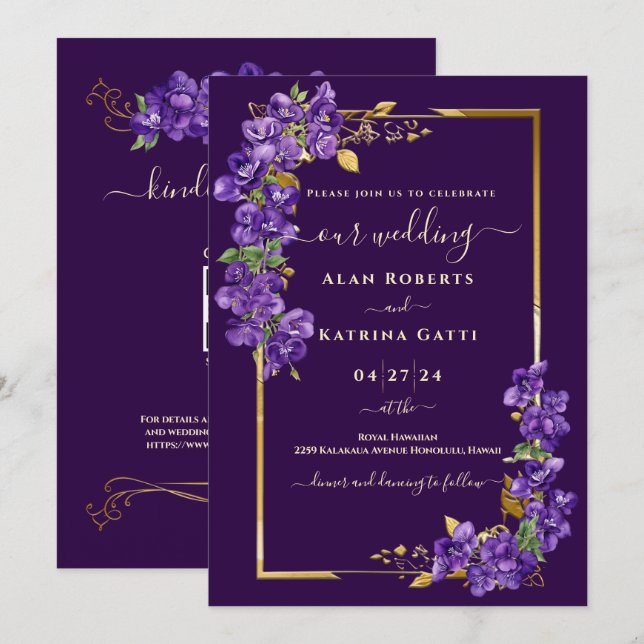 Invitation Dark Purple Violet Wedding RSVP QR Code Gold Frame (Devant / Derrière)