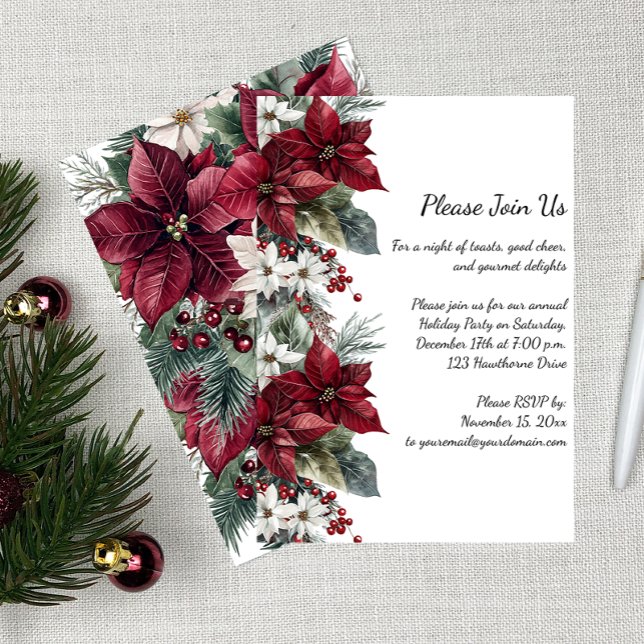 Invitation Dark Red and White Poinsettia Christmas Party | (Créateur téléchargé)