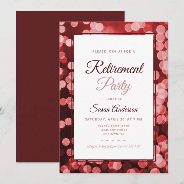 Invitation Dark Red Bokeh Elegant Retirement Party (Devant / Derrière)