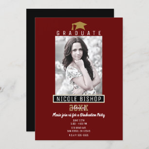 Invitation Dark Red Gold Black Modern Graduation Photo Party 