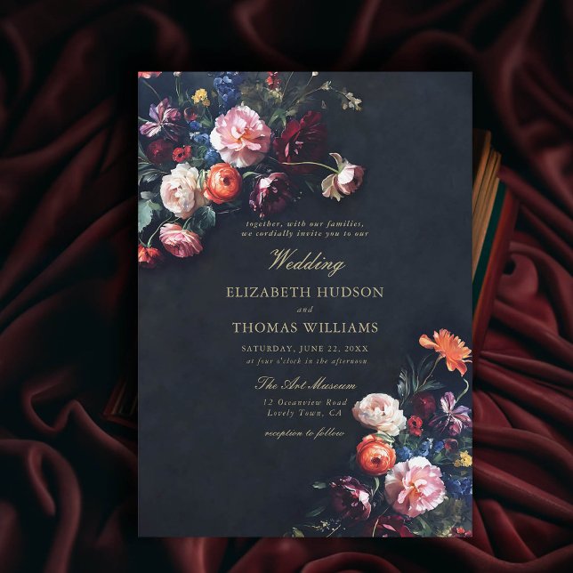 Invitation Dark Romance Fairytale Moody Bouquet Mariage de ma (dark romance wedding invitation fairytale romantic black navy dutch masters floral modern classic)