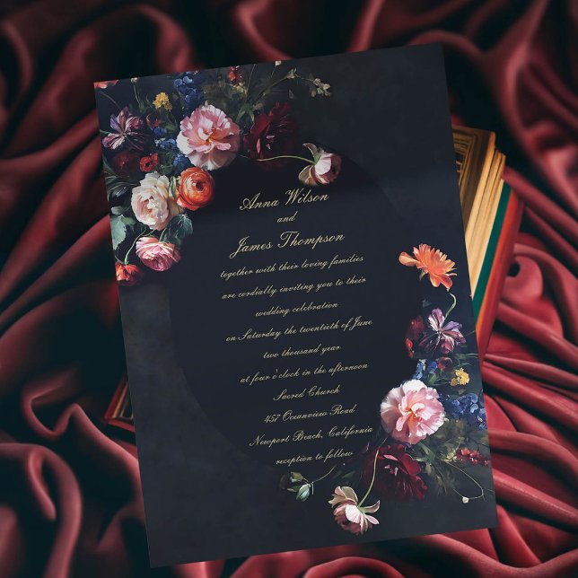 Invitation Dark Romantic Moody Floral Calligraphie Mariage (dark romantic wedding invitation fairytale romance black navy dutch masters floral frame painting )