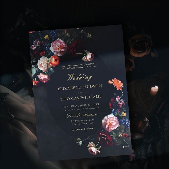 Invitation Dark Romantique Conte de Fairytale Moody Bouquet M (dark romantic wedding invitation fairytale romance black navy dutch masters floral painting elegant)