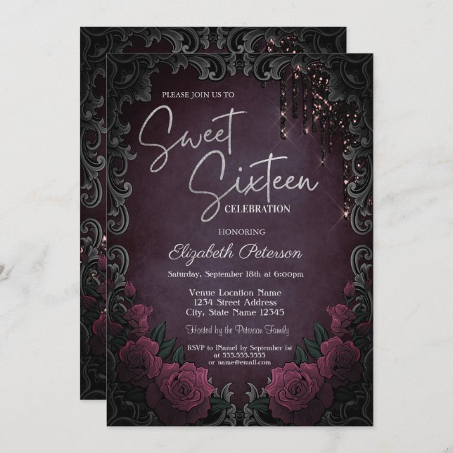 Invitation Dark Roses Frame Burgundy Glitter Drips Sweet 16  (Devant / Derrière)