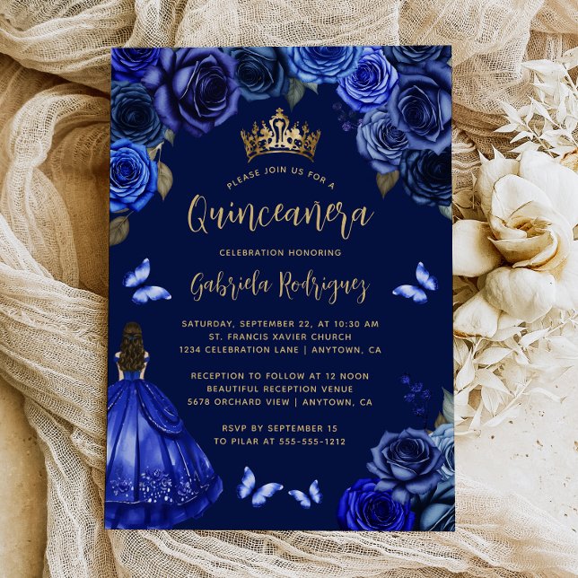 Invitation Dark Royal Blue Floral Princess Quinceañera (Créateur téléchargé)