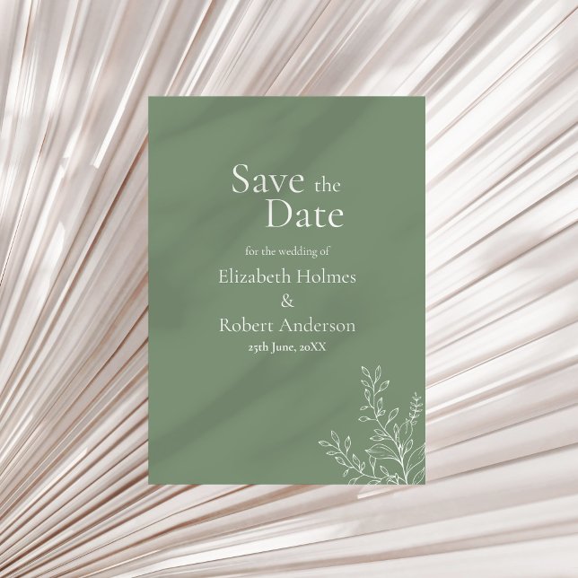Invitation Dark Sage Green Botanical Save the Date (Dark Sage Green Botanical Save the Date Invitation on a neutral dry palm leaf.)
