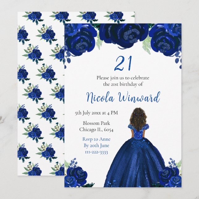 Invitation Dark Skin Princess Marine Floral Anniversaire Part (Devant / Derrière)
