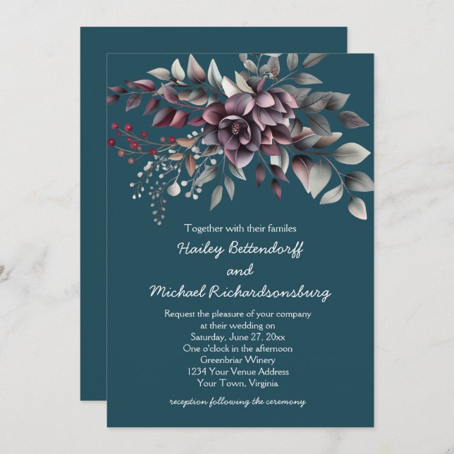 Invitation Dark Teal, Burgundy, Dusty Purple, Sage Wedding | (Devant / Derrière)
