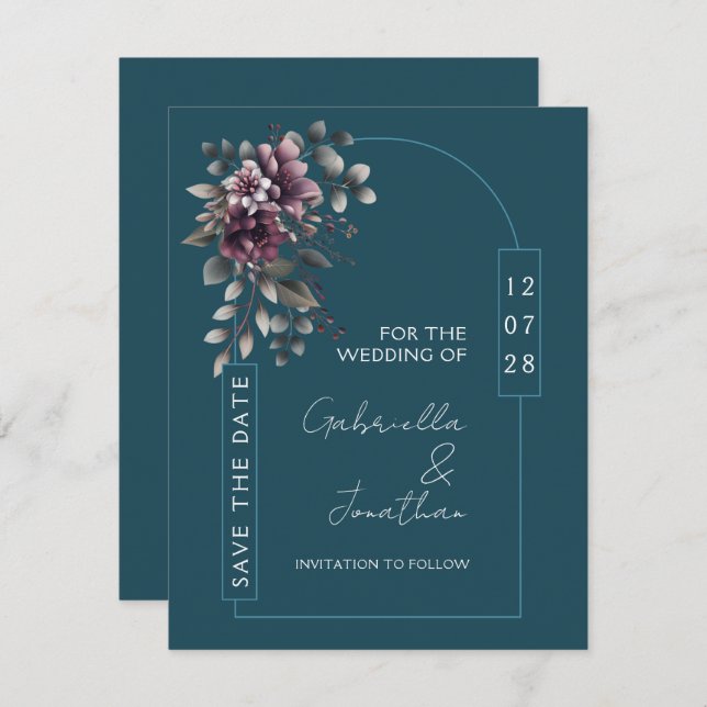 Invitation Dark Teal, Dusty Purple Arch Save the Date | (Devant / Derrière)