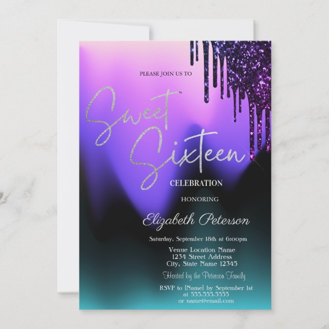 Invitation Dark Violet Glitter Drips,Ombre Sweet 16  (Devant)