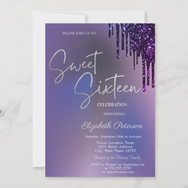 Invitation Dark Violet Glitter Drips Violet Sweet 16  (Devant)