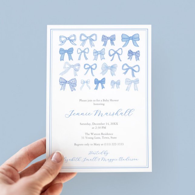 Invitation Darling Blue Bows Baby Boy Shoy Party (Blue And White Whimsical Watercolor Bows baby shower invite for boy with regency stripe backer)