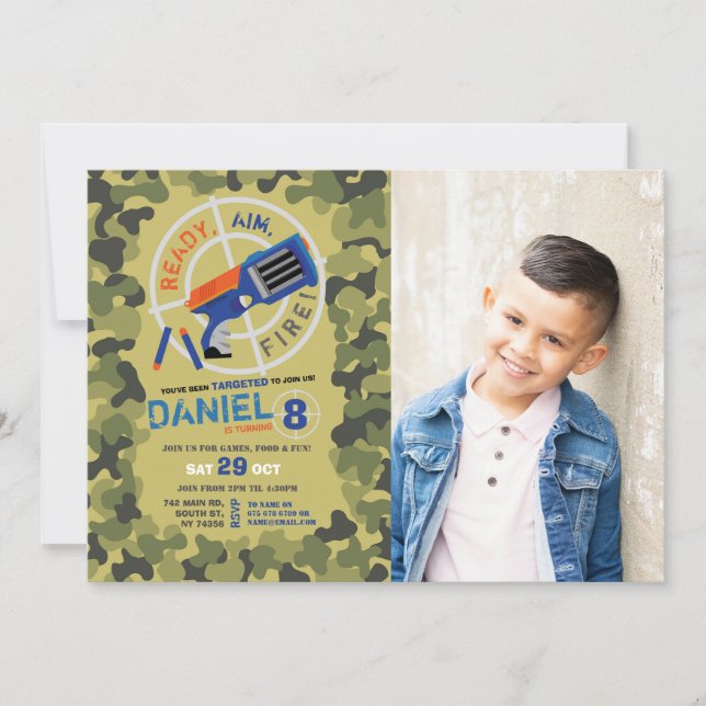 Invitation Dart Gun Fun Aim Photo Camo Anniversaire Invitatio (Devant)