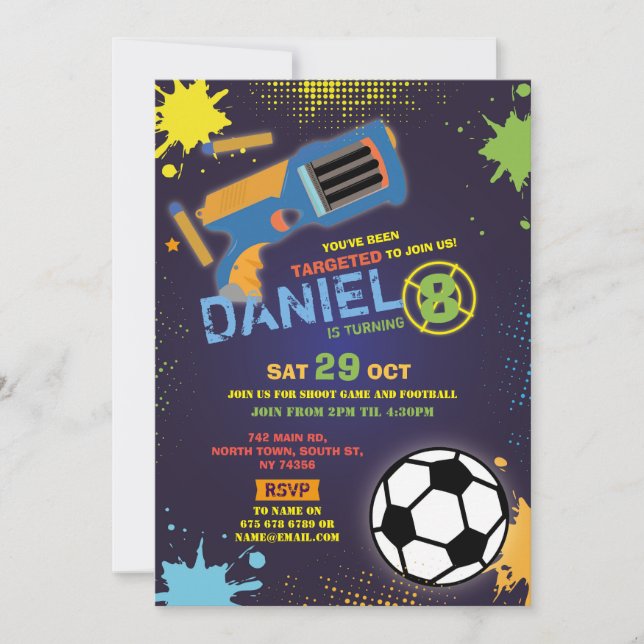 Invitation Dart Gun Fun Aim Shoot Football Anniversaire (Devant)