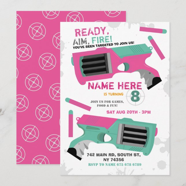 Invitation Dart Gun Fun Aim Shoot Girls Anniversaire Invitati (Devant / Derrière)
