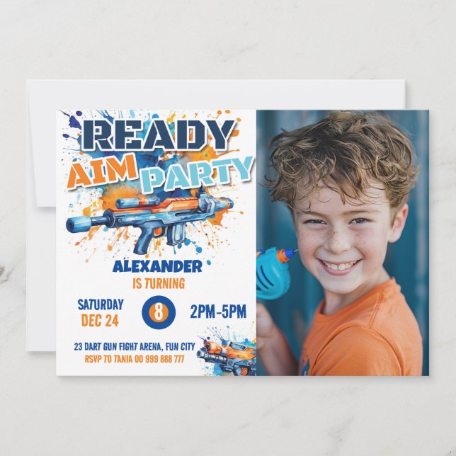 Invitation Dart Gun Party Anniversaire Photo Blue Orange Camo (Devant)
