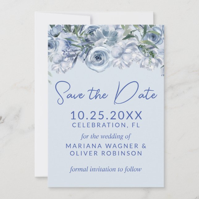 Invitation Date à retenir Fleurs romantiques bleu poussiéreux (Devant)