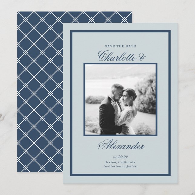 Invitation Date de mariage à l'écriture classique Bleu Poussi (Devant / Derrière)
