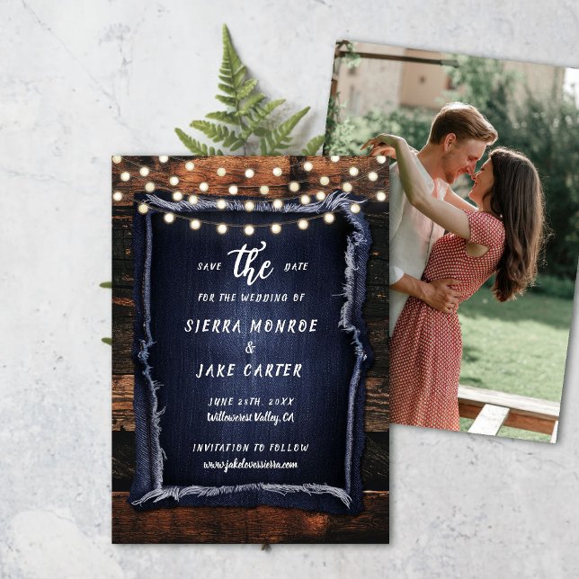 Invitation Date de mariage en bois rustique avec photo écrite (rustic wedding save the date barn wood denim string lights ranch country western hand written)