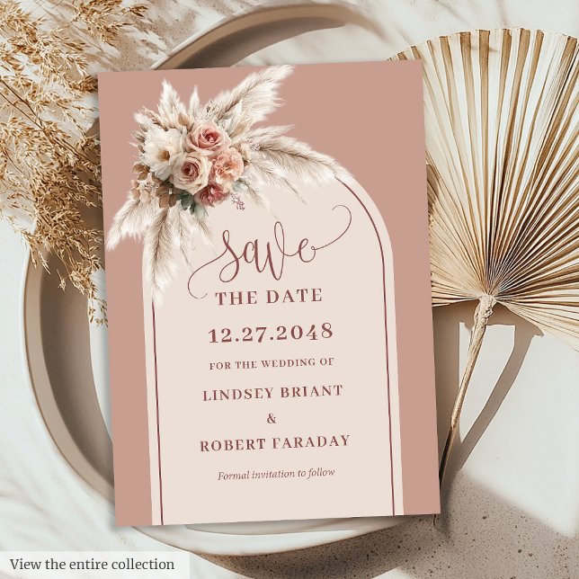 Invitation Date de sauvegarde Boho Botanique Rose Pâle Pampas (Botanical Boho Dusty Pink Pampas Save the Date)