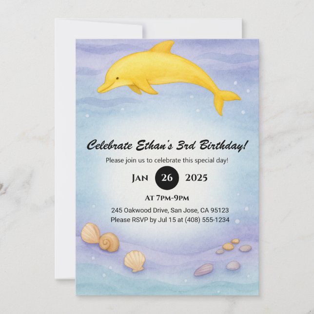 Invitation Dauphin d'or Illustration de fond océanique Annive (Devant)