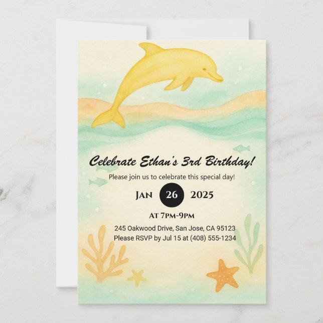 Invitation Dauphin Jaune Plage de corail Illustration Anniver (Devant)