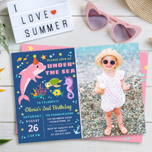 Invitation Dauphin rose Sous La Mer Fille Photo Anniversaire