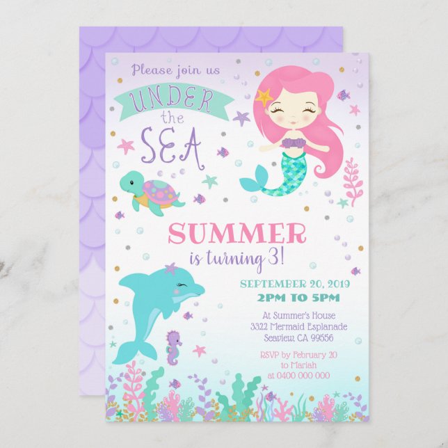 Invitation Dauphin Sirène - Sous la Mer (Devant / Derrière)