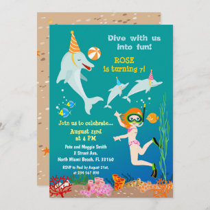 Invitation Dauphins sous la mer fille fête d'anniversaire