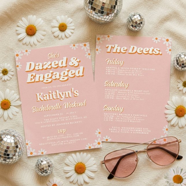 Invitation Dazed & Engaged Groovy 70s Bachelorette Itinerary (Créateur téléchargé)