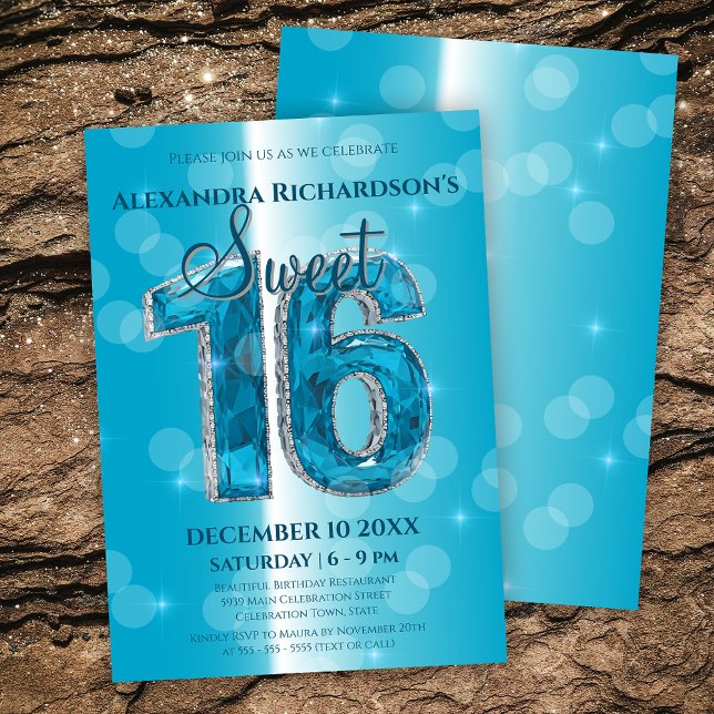 Invitation Dazzling Blue Gemstone Sweet 16 Célébration (Créateur téléchargé)