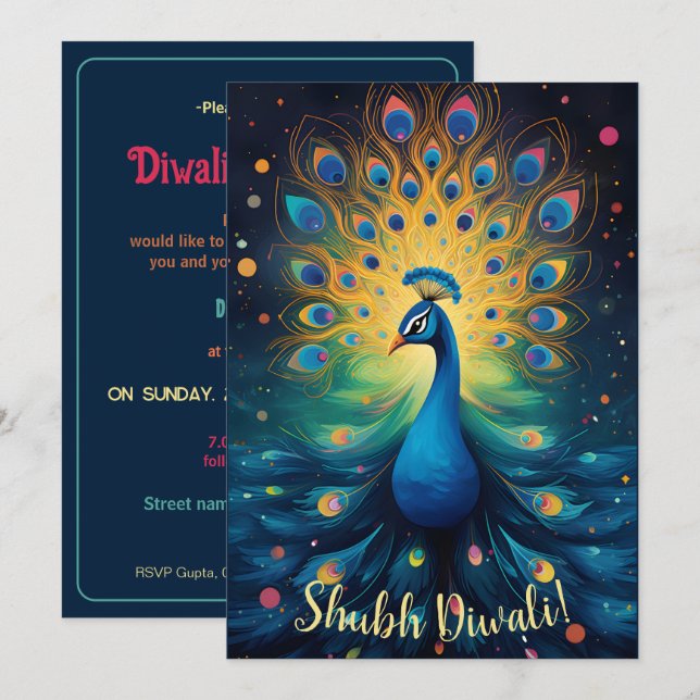 Invitation Dazzling Diwali Délice : Le 🦚 Joyeux Peacock (Devant / Derrière)