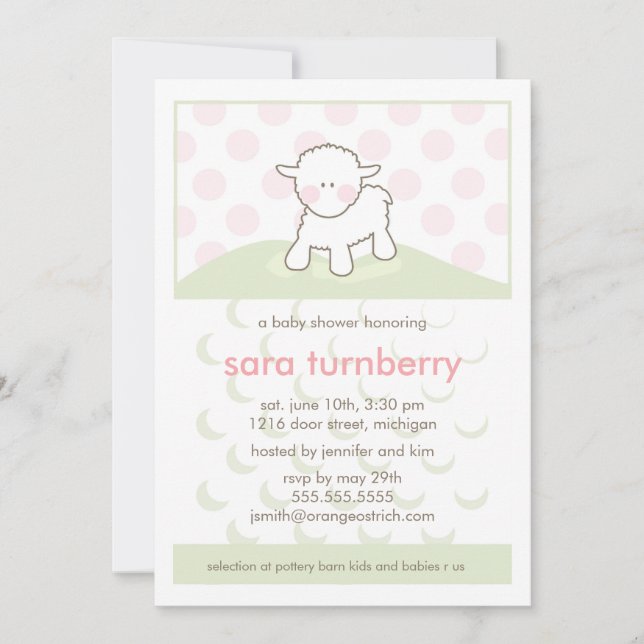Invitation d'Baby showers de filles - Petit agneau (Devant)