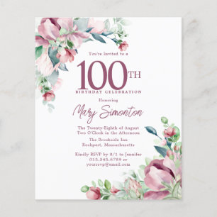 Invitation de 100e anniversaire à fleurs rose bon 