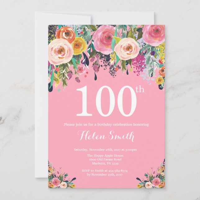 Invitation de 100e anniversaire de la florale rose (Devant)