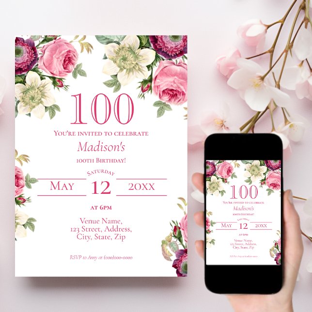 Invitation de 100e anniversaire de la florale rose (Créateur téléchargé)