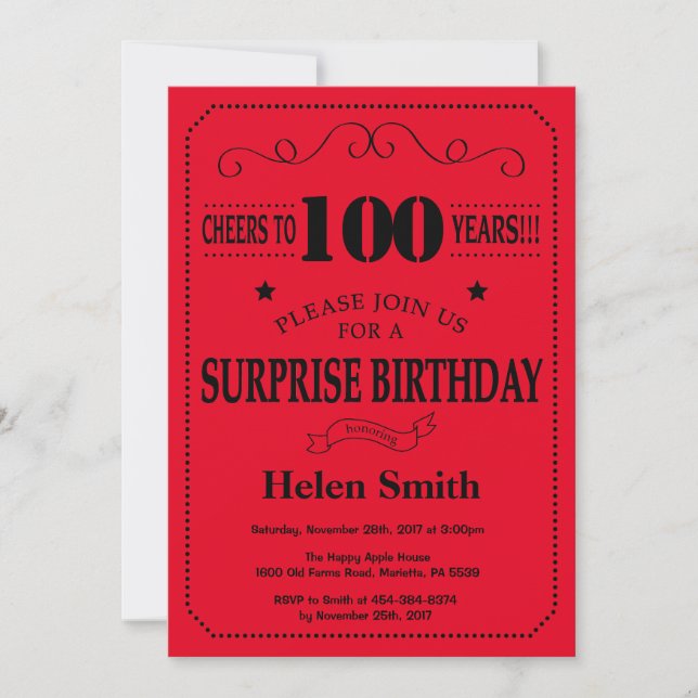 Invitation de 100e anniversaire surprise noir et r (Devant)