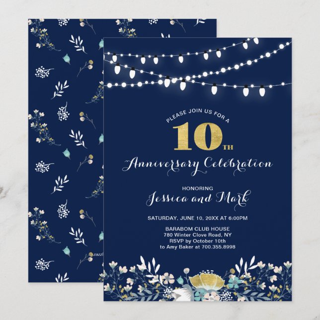 Invitation de 10e anniversaire de mariage Navy & O (Devant / Derrière)