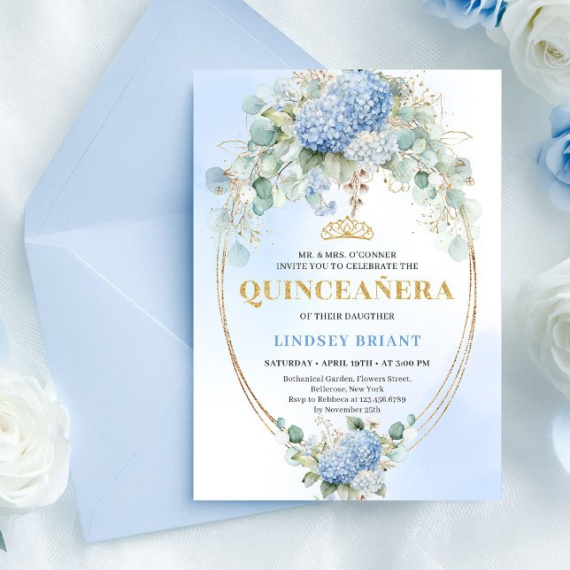 Invitation de 15 ans Fleurs Bleues Romantiques Or (Romantic Blue Flowers Gold 15th Birthday Invitation)